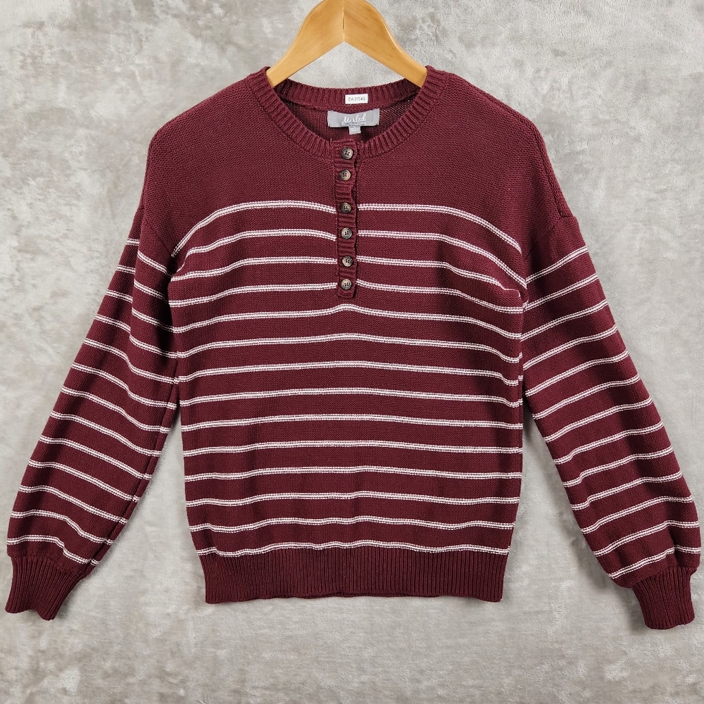 Marled Burgundy Pop Over Striped Sweater Rugby Style Women's Size S